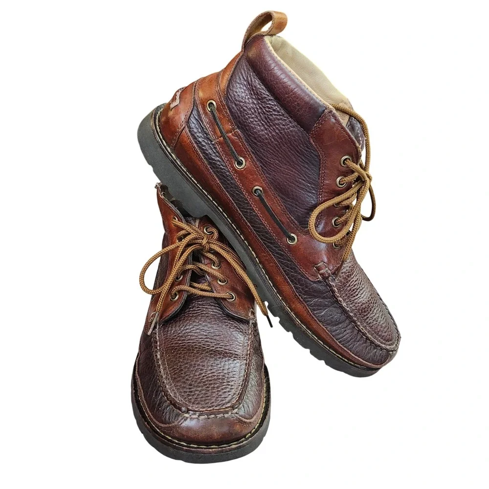 LL Bean Eastport Chukka Boots Mens 12D Brown Hand Sewn Leather Moc Toe Lug Sole